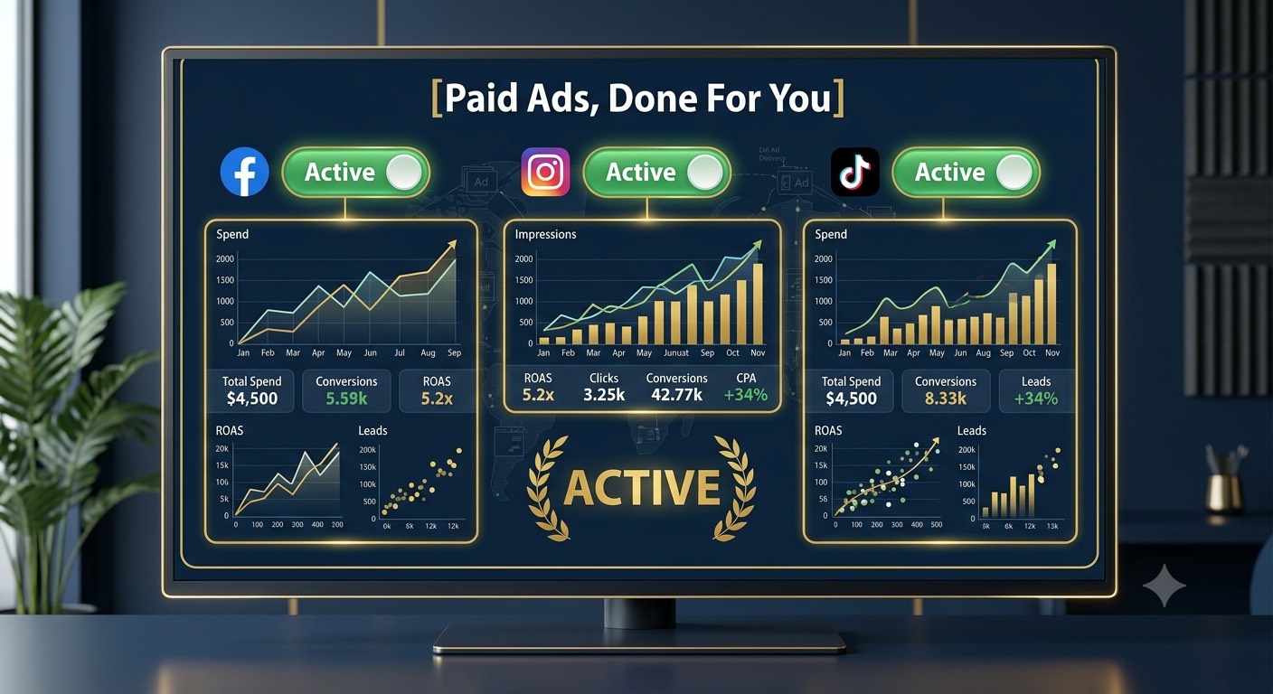 Paid ads dashboard showing spend, ROAS and conversions